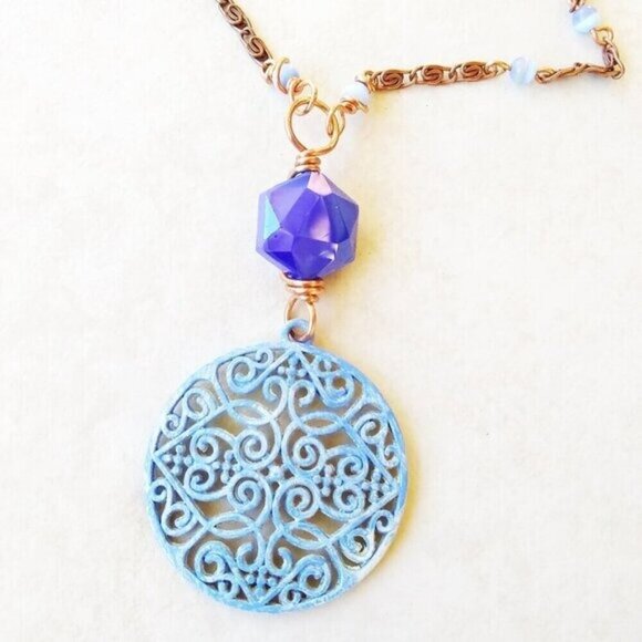 NEW! Patina Hand Painted Medallion + Blue Catseye + Copper Bohemian Necklace - Picture 2 of 10